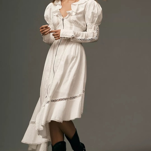 NWT ANTHROPOLOGIE PILCRO Long-Sleeve Asymmetrical Ruffled V-Neck Midi Dress - Picture 1 of 9